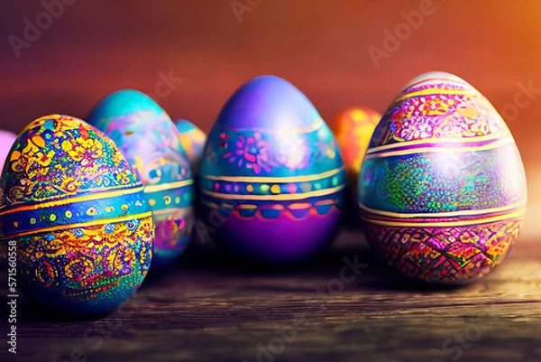 Fototapeta Handmade painted colorful easter eggs decoration on wood table top view with empty space made with generative ai