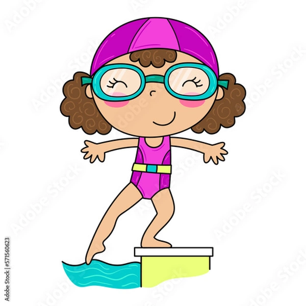 Obraz  Illustration of a girl ready for her swimming class, touch the water in the pool with her foot. Vector drawing
