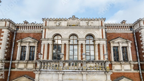 Obraz historical manor in the forest near the village of Bykovo from a drone height on a winter snowy day