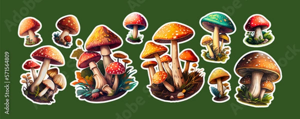 Fototapeta Big bundle of stickers with mushrooms. AI. Vector collection sticker of mushrooms on green isolated background.
