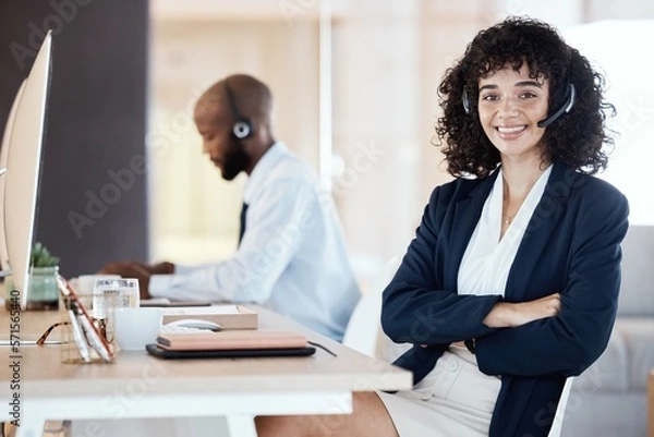 Fototapeta Crm portrait, call center and black woman by a lead generation computer on a office call. Customer service, web support and contact us employee with a smile from online consulting job and career