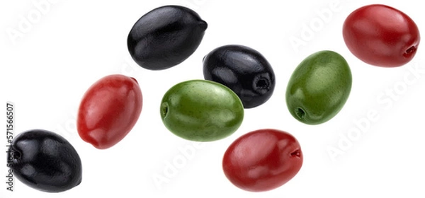 Fototapeta Falling olives mix isolated on white background