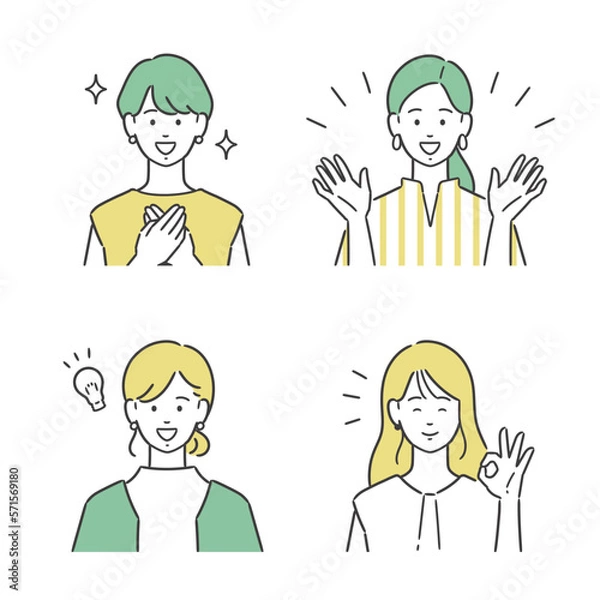 Fototapeta ハッピーな表情の女性イラストセット