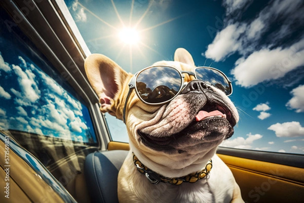 Obraz French bulldog wearing sunglasses enjoys car ride. Generative AI