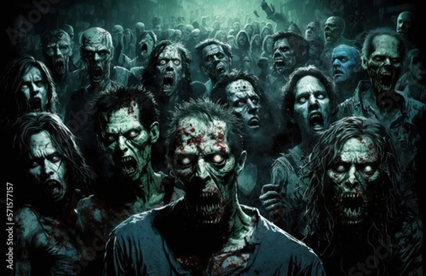 Obraz group of dirty scary zombies walking. generative ai