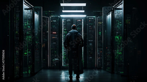 Obraz a cyber security standing in server room generative Ai image