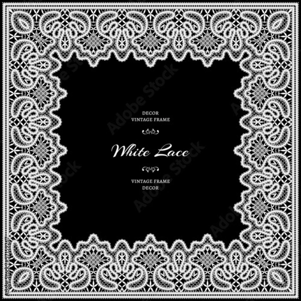 Obraz White lace frame on black background