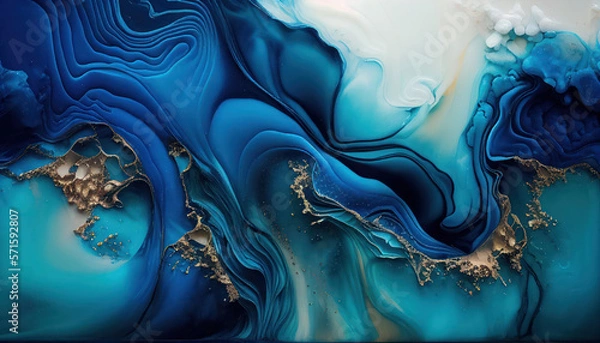 Obraz Abstract blue marble texture with gold splashes, liquid paint art