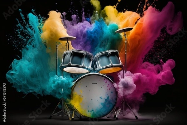 Fototapeta Drum Set surrounded by extra vibrant and colorful explosive smoke