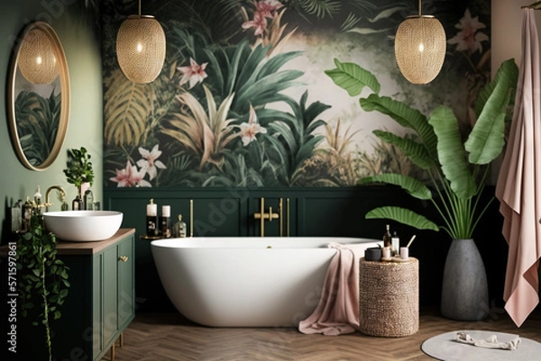 Fototapeta Bathroom with floral print and natural plants. Generative AI