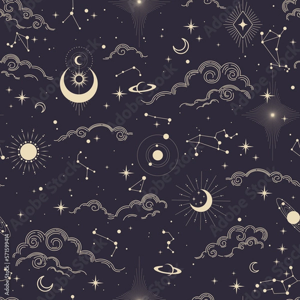 Obraz Seamless magic pattern with sun, moon, clouds, stars. Vector elements on dark background. Cosmos print.