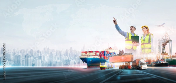 Fototapeta Engineer working at industrial port and construction container checking inspection concept, Global business logistics and transportation import export cargo freight ship distribution with copy space