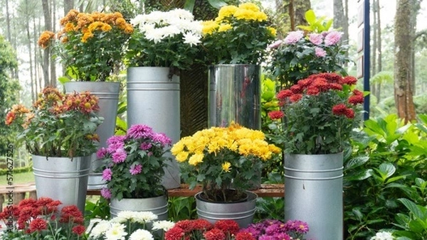 Obraz various colorful flowers still attached to their branch and leaves among them with each was placed on the vase