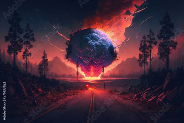 Obraz sci fi setting, large cloud surrounded by red, blue and black colors.