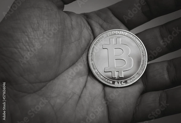 Fototapeta black and white bitcoin on hand in close up, concept of investment in cryptocurrency