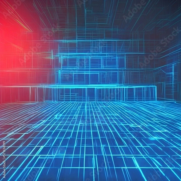 Fototapeta Neon Glowing Lights Blue Orange Circle Lines Cables Plugs Floor Lasers Studio Stage Show Night Retro Futuristic Modern Background Empty Concrete Grunge Virtual Dark 3D Illustration - generative ai
