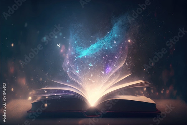 Fototapeta open fantasy book from which magical energies fly out. Generative AI