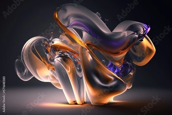 Fototapeta 3d render of abstract art of surreal ball or sphere in curve wavy organic biological lines forms in glossy plastic and matte parts in purple and orange gradient color on white background, ai