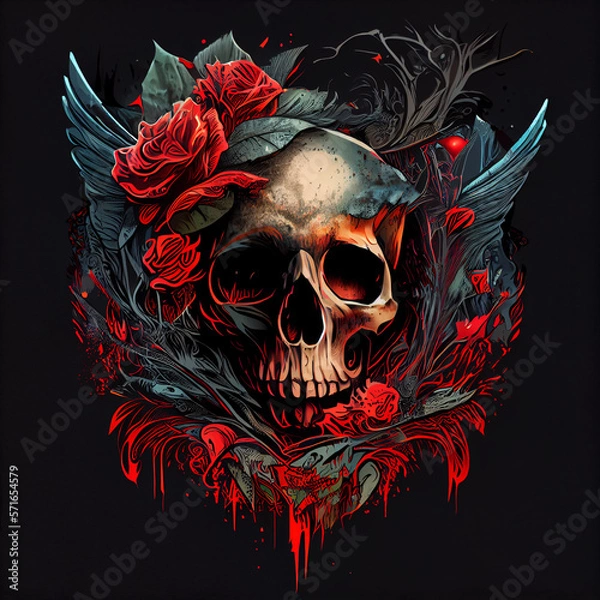 Obraz skull and flower t-shirt design,skull illustration,background ,Artificial inteligence
