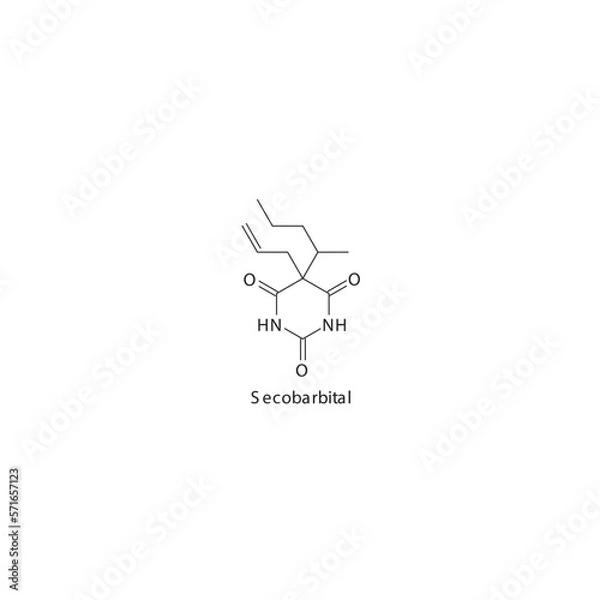 Fototapeta Secobarbital  flat skeletal molecular structure Barbiturate drug used in insomnia, anxiety, siezures treatment. Vector illustration.