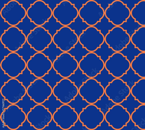 Fototapeta Moroccon background of geometric islamic trellis pattern in blue with orange repeating outline. Ramadan Islamic Background.Decorative geometric quatrefoil background.