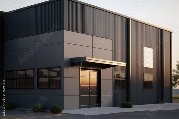 Fototapeta exterior of a modern warehouse with a small office unit generative ai