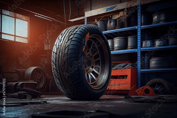 Fototapeta A tyre at the repair shop, service garage background, car fixing - generative ai