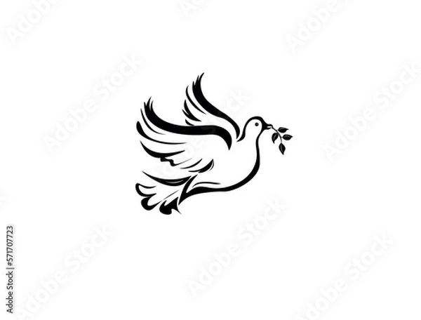 Fototapeta dove of peace. Silhouette of a flying dove with olive branch on a white background. Symbol of peace. Vector black silhouette of a flying dove with olive branch on a white background. A white dove. 