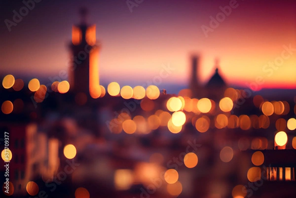 Obraz Defocused european city illustration. Modern city cityscape. Empty road with lights and buildings. Blurred background