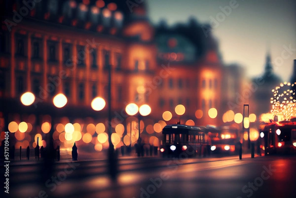 Obraz Defocused european city illustration. Modern city cityscape. Empty road with lights and buildings. Blurred background