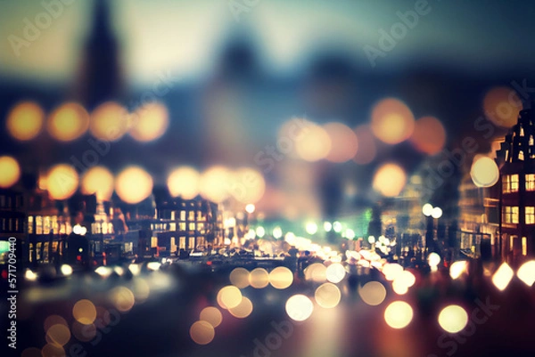 Obraz Defocused european city illustration. Modern city cityscape. Empty road with lights and buildings. Blurred background