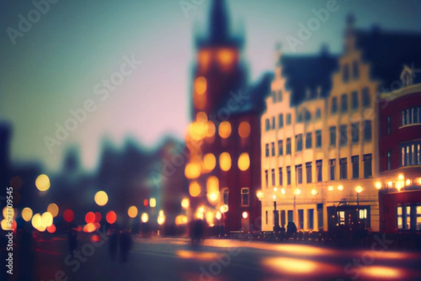 Obraz Defocused european city illustration. Modern city cityscape. Empty road with lights and buildings. Blurred background