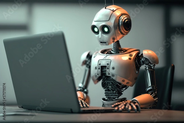 Fototapeta robot answering questions on a laptop, sci-fi, ai art illustration 