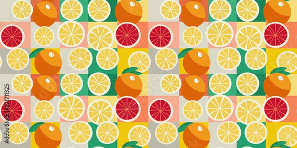 Fototapeta Lemon and grapefruit slices, including oranges. Tiles in the background. Print for pillows, notebooks, fabrics, wallpaper, interior.