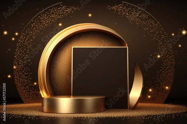 Fototapeta Product display presentation on luxury gold empty podium stand with shiny particles glamor to showcase stage advertising for cosmetics and beauty. Mockup golden showcase blank pedestal Generative AI