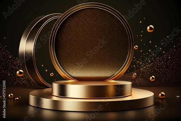 Fototapeta Product display presentation on luxury gold empty podium stand with shiny particles glamor to showcase stage advertising for cosmetics and beauty. Mockup golden showcase blank pedestal Generative AI