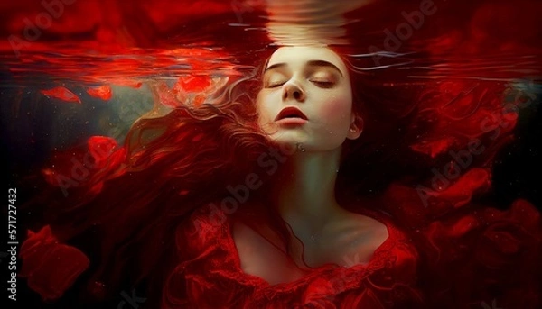 Obraz Mystical underwater portrait of a beautiful young woman , girl, with a red dress, eyes closed,
generative ai