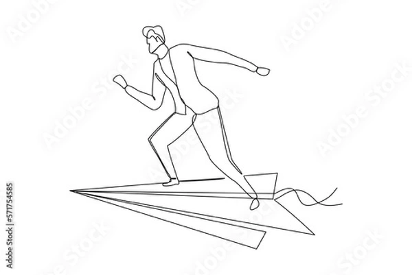 Fototapeta Continuous single one line drawing of businessman ride paper plane to reach business achievement growth goal successful. Vector illustration sketch art concept