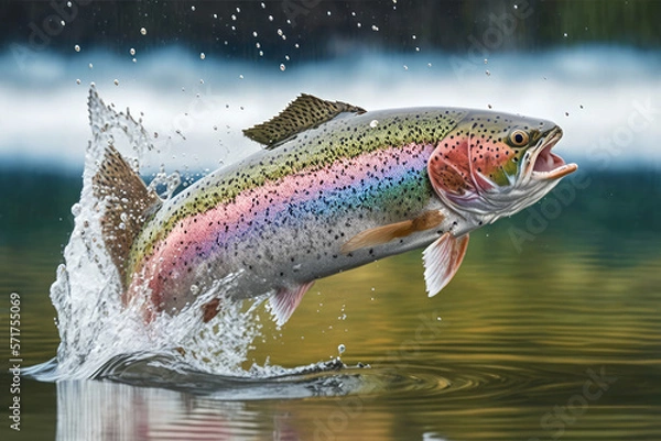 Fototapeta rainbow trout fish jumping out of river water made by generative ai