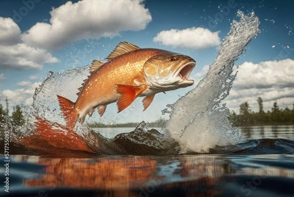 Fototapeta redfish jumping out of river water made by generative ai
