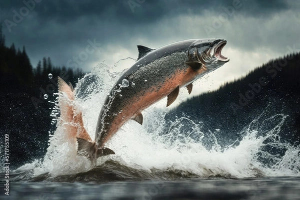 Fototapeta salmon fish jumping out of river water made by generative ai