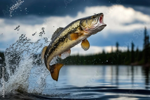 Fototapeta walleye fish jumping out of river water made by generative ai
