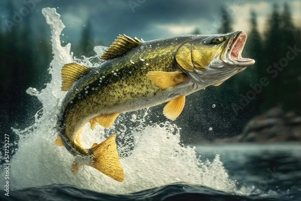 Fototapeta walleye fish jumping out of river water made by generative ai