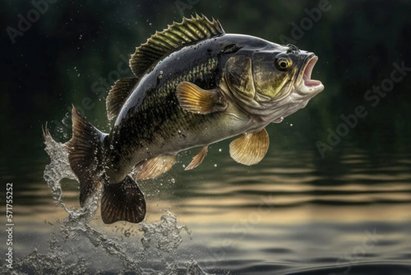 Fototapeta black bass fish jumping out of river water made by generative ai