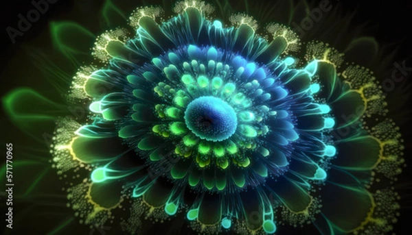 Obraz Sacred geometry glowing flower fractal with particles and light. Generative AI