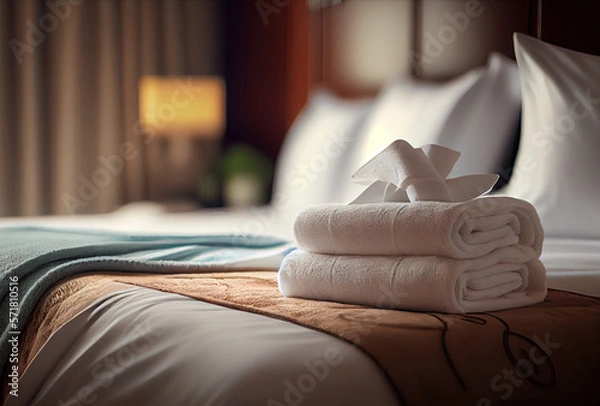 Obraz Fresh towels on bed in hotel room created with AI