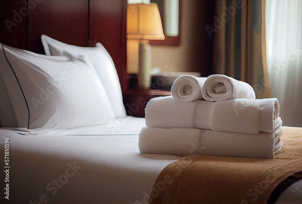 Obraz Fresh towels on bed in hotel room created with AI