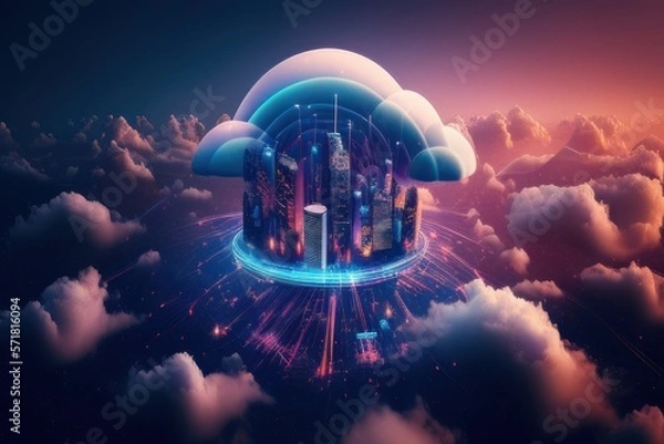 Obraz Cloud computing technology concept background, digital illustration generative AI