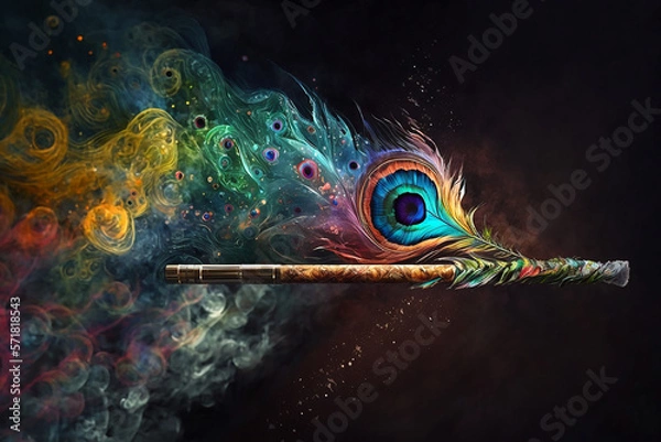Fototapeta flute and a peacock feather. Generative AI