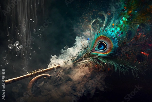 Fototapeta flute and a peacock feather. Generative AI
